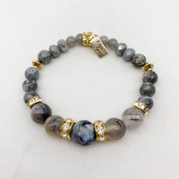 HAWKS EYE AND LEOPARD SKIN JASPER BRACELET: GOLD